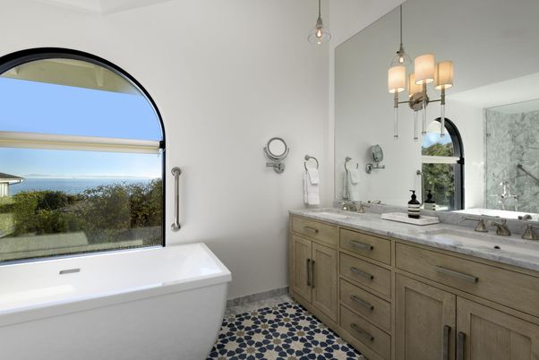 Bathroom, Dual Sink Vanities, Free Standing Baths, Interior, Pendant Lights