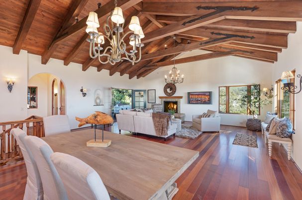 Chandelier, Dining room, Fireplace, Interior, Living room, Wooden Beams, Wooden Ceilings, Wood Texture Flooring