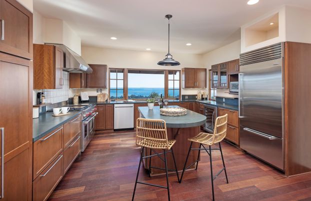 Interior, Kitchen, Pendant Lights, Recessed Lighting, Stainless Steel Appliances, Water, Wood Texture Flooring