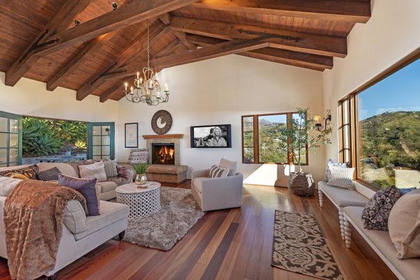 Chandelier, Fireplace, Interior, Living room, Wooden Beams, Wooden Ceilings, Wood Texture Flooring