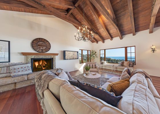 Chandelier, Fireplace, Interior, Living room, Water, Wooden Beams, Wooden Ceilings, Wood Texture Flooring