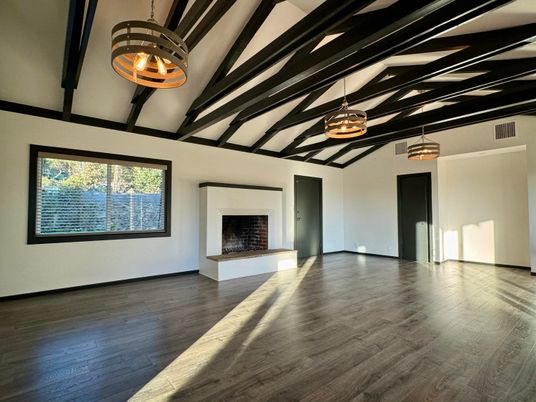 Empty room, Fireplace, Interior, Pendant Lights, Wooden Beams, Wood Texture Flooring