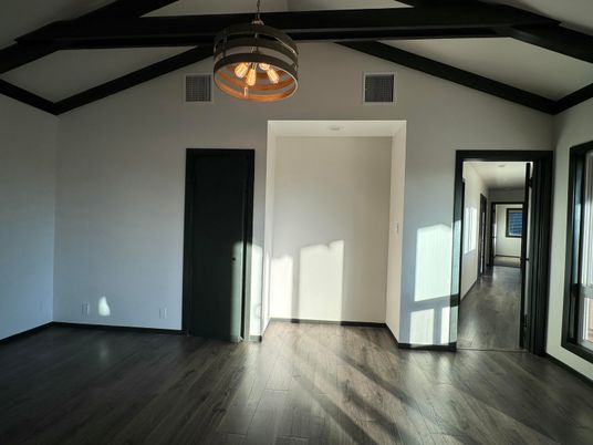 Empty room, Interior, Pendant Lights, Wooden Beams, Wood Texture Flooring