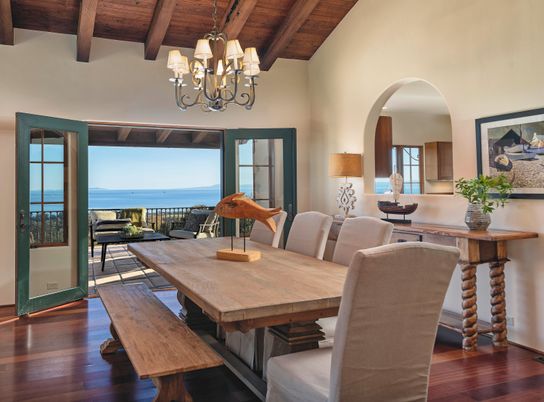 Chandelier, Dining room, Interior, Water, Wooden Beams, Wooden Ceilings, Wood Texture Flooring