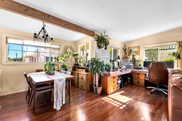 Chandelier, Home Office, Interior, Wooden Beams, Wood Texture Flooring