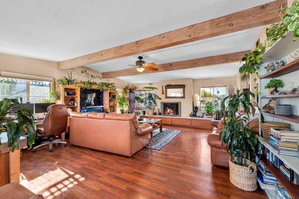 Fireplace, Home Office, Interior, Living room, Wooden Beams, Wood Texture Flooring