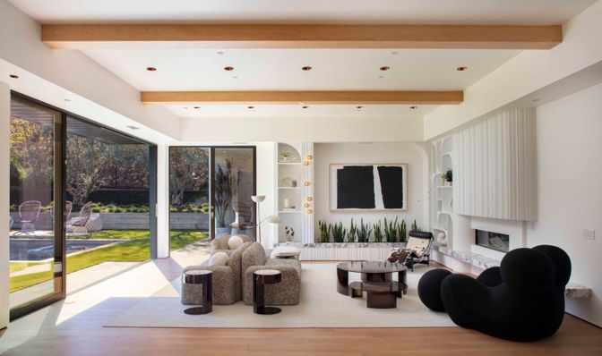Fireplace, Interior, Living room, Recessed Lighting, Wooden Beams, Wood Texture Flooring