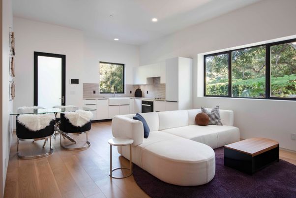 Dining room, Interior, Kitchen, Living room, Recessed Lighting, Stainless Steel Appliances, Wood Texture Flooring