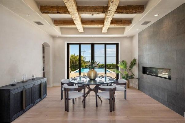 Dining room, Fireplace, Interior, Recessed Lighting, Stone Walls, Wooden Beams, Wood Texture Flooring