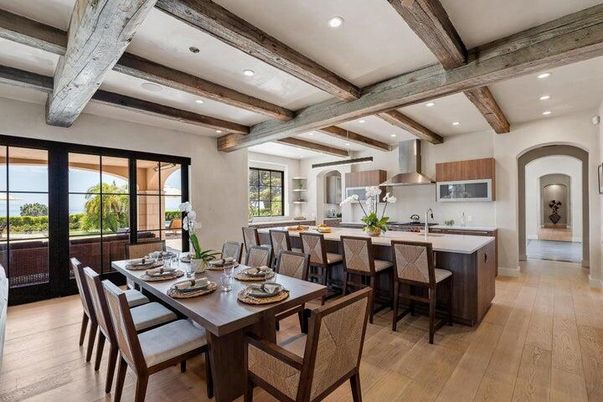 Dining room, Interior, Kitchen, Recessed Lighting, Stainless Steel Appliances, Wooden Beams, Wood Texture Flooring