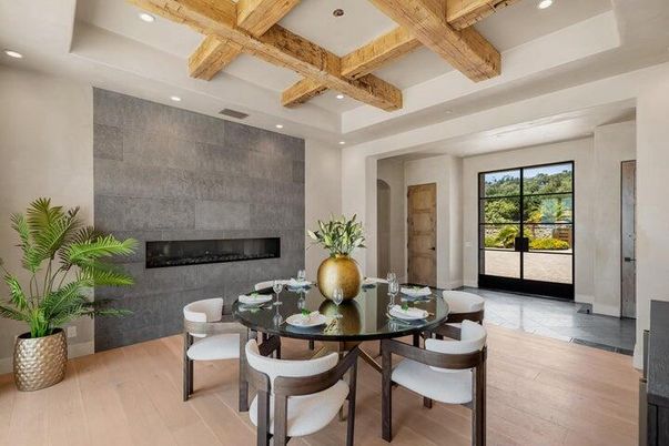 Dining room, Fireplace, Interior, Recessed Lighting, Wooden Beams, Wood Texture Flooring