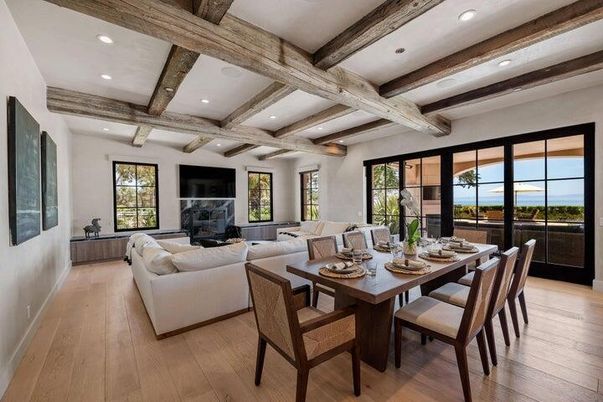 Dining room, Interior, Living room, Recessed Lighting, Water, Wooden Beams, Wood Texture Flooring