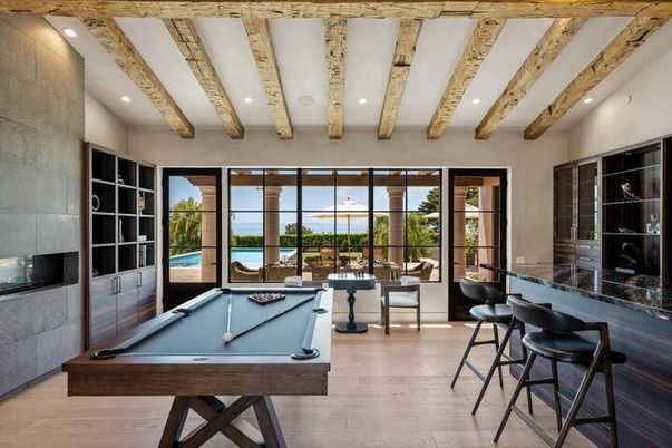 Billiard Table, Fireplace, Game Room, Interior, Living room, Recessed Lighting, Wooden Beams, Wood Texture Flooring