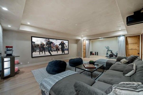 Interior, Living room, Projection Screen, Recessed Lighting, Theatre Room, Wood Texture Flooring