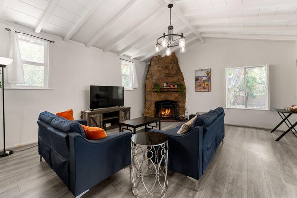 Fireplace, Interior, Living room, Pendant Lights, Wood Texture Flooring