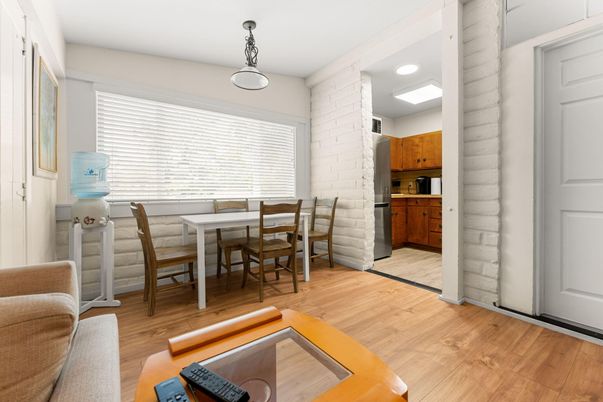 Dining room, Interior, Recessed Lighting, Stone Walls, Wood Texture Flooring