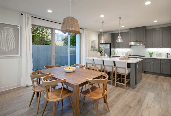 Dining room, Interior, Kitchen, Pendant Lights, Recessed Lighting, Wood Texture Flooring