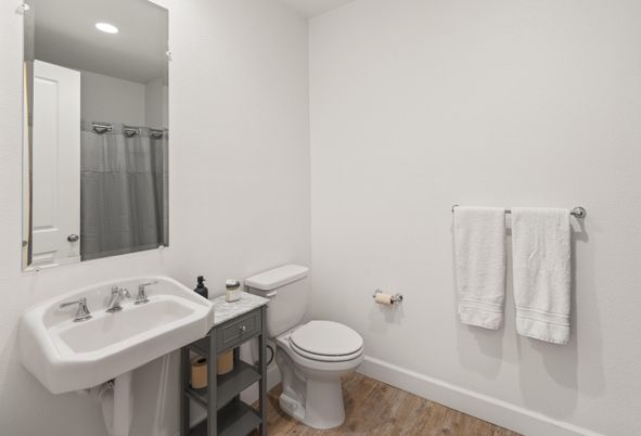 Bathroom, Interior, Recessed Lighting, Wood Texture Flooring