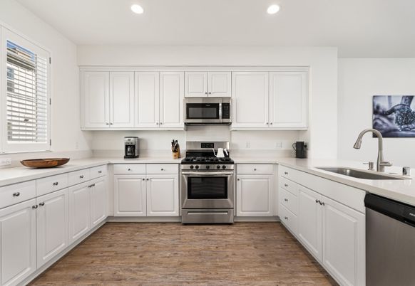 Interior, Kitchen, Recessed Lighting, Stainless Steel Appliances, Wood Texture Flooring