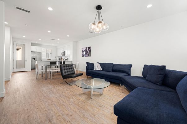 Dining room, Interior, Kitchen, Living room, Pendant Lights, Recessed Lighting, Stainless Steel Appliances, Wood Texture Flooring