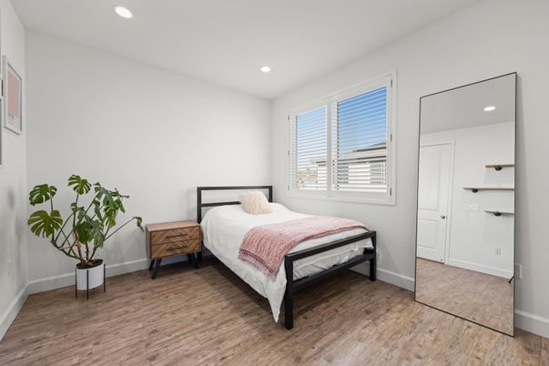 Bedroom, Interior, Recessed Lighting, Wood Texture Flooring