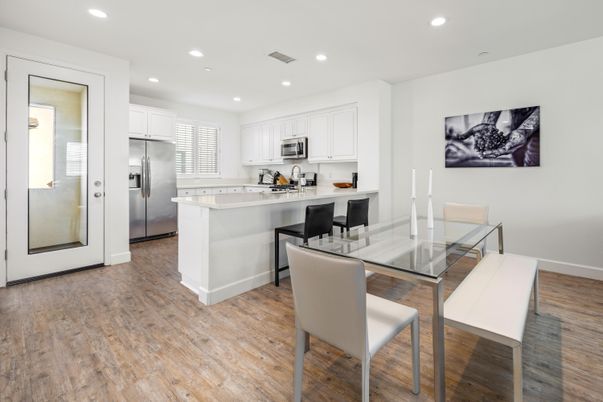 Dining room, Interior, Kitchen, Recessed Lighting, Stainless Steel Appliances, Wood Texture Flooring