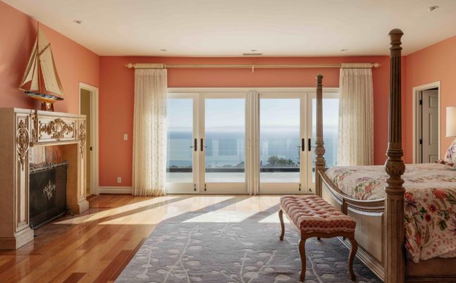 Bedroom, Fireplace, Interior, Water, Wood Texture Flooring