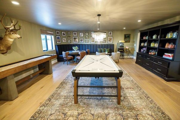 Billiard Table, Dining room, Game Room, Interior, Pendant Lights, Recessed Lighting, Wood Texture Flooring