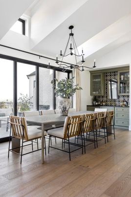 Chandelier, Dining room, Interior, Wood Texture Flooring