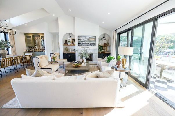 Dining room, Fireplace, Interior, Living room, Recessed Lighting, Wood Texture Flooring
