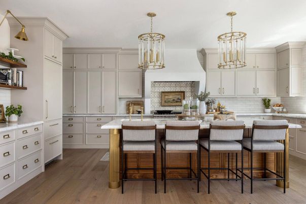 Fireplace, Interior, Kitchen, Pendant Lights, Wood Texture Flooring