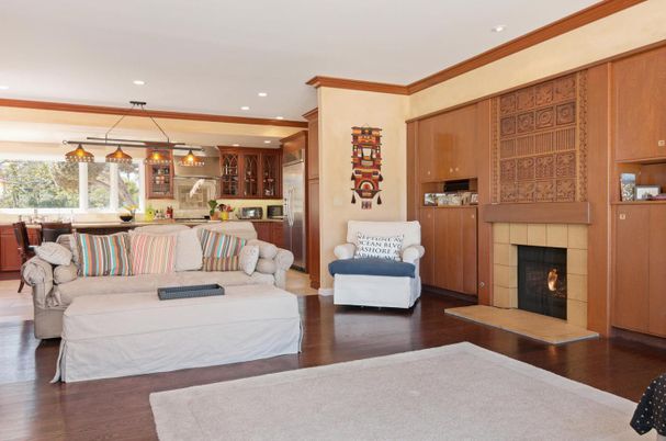 Dining room, Fireplace, Interior, Kitchen, Living room, Pendant Lights, Recessed Lighting, Wood Texture Flooring