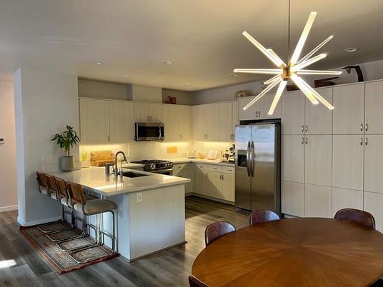 Interior, Kitchen, Pendant Lights, Recessed Lighting, Stainless Steel Appliances, Wood Texture Flooring