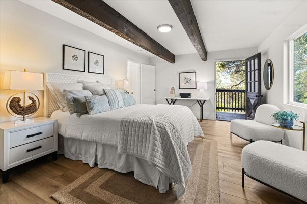 Bedroom, Interior, Recessed Lighting, Wooden Beams, Wood Texture Flooring