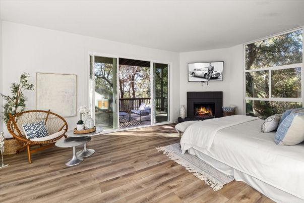 Bedroom, Fireplace, Interior, Wood Texture Flooring