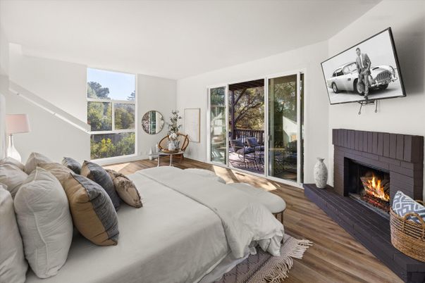 Bedroom, Fireplace, Interior, Wood Texture Flooring