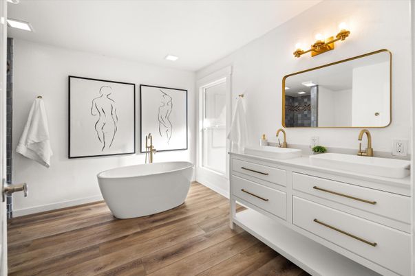 Bathroom, Dual Sink Vanities, Free Standing Baths, Interior, Wood Texture Flooring