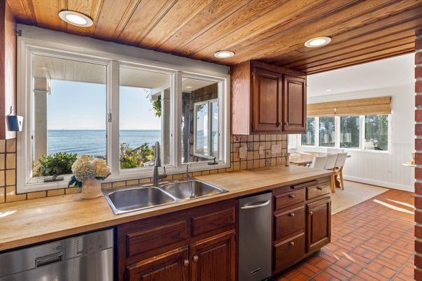 Interior, Kitchen, Recessed Lighting, Stainless Steel Appliances, Water, Wooden Ceilings