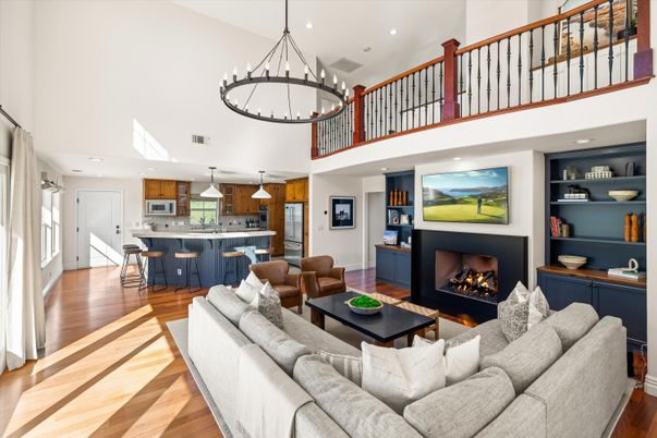 Fireplace, Interior, Kitchen, Living room, Pendant Lights, Recessed Lighting, Wood Texture Flooring