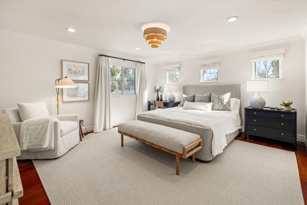 Bedroom, Interior, Recessed Lighting, Wood Texture Flooring