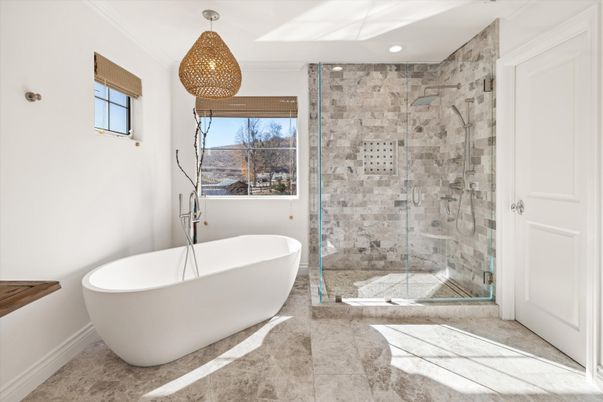 Bathroom, Free Standing Baths, Glass Shower, Interior, Recessed Lighting