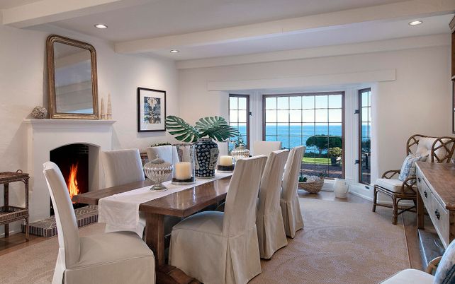 Dining room, Fireplace, Interior, Recessed Lighting, Water, Wood Texture Flooring