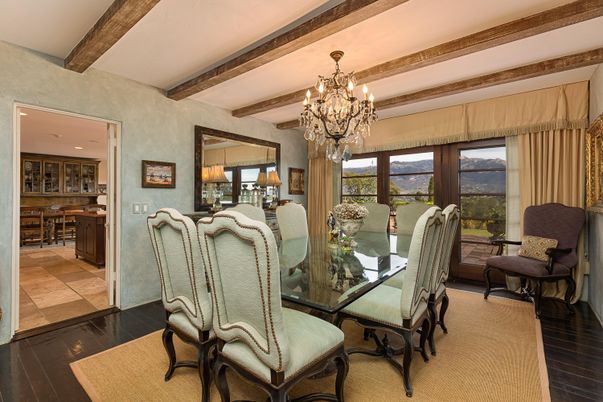 Chandelier, Dining room, Interior, Recessed Lighting, Wooden Beams, Wood Texture Flooring