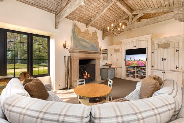 Chandelier, Fireplace, Interior, Living room, Wooden Beams, Wooden Ceilings
