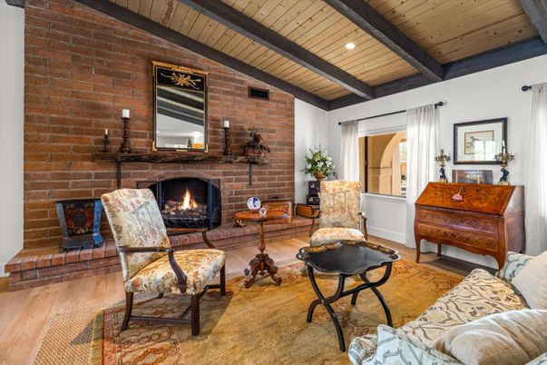 Fireplace, Interior, Living room, Recessed Lighting, Stone Walls, Wooden Beams, Wooden Ceilings, Wood Texture Flooring