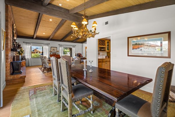 Chandelier, Dining room, Fireplace, Interior, Recessed Lighting, Wooden Beams, Wooden Ceilings, Wood Texture Flooring