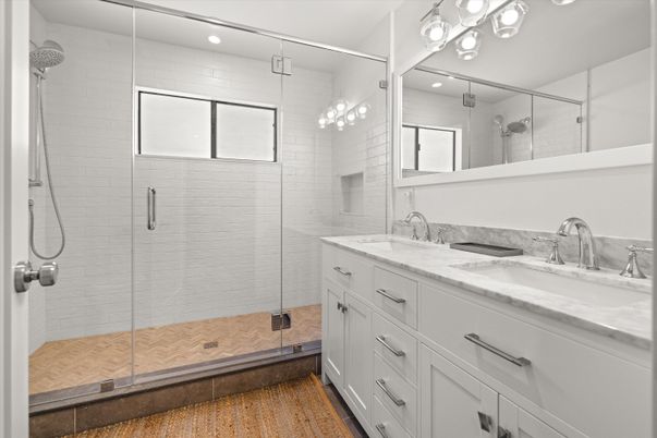 Bathroom, Dual Sink Vanities, Glass Shower, Interior, Recessed Lighting