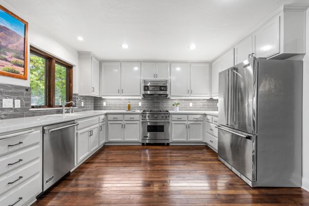 Interior, Kitchen, Recessed Lighting, Stainless Steel Appliances, Wood Texture Flooring