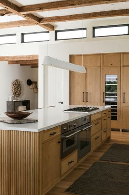 Interior, Kitchen, Pendant Lights, Stainless Steel Appliances, Wooden Beams, Wood Texture Flooring
