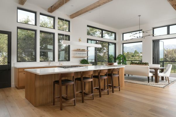 Dining room, Interior, Kitchen, Pendant Lights, Recessed Lighting, Wooden Beams, Wood Texture Flooring